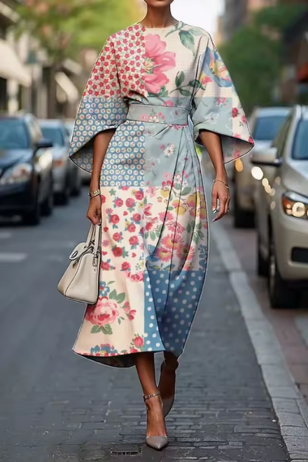Vestido midi mujer flores artísticas mangas fluidas elegante