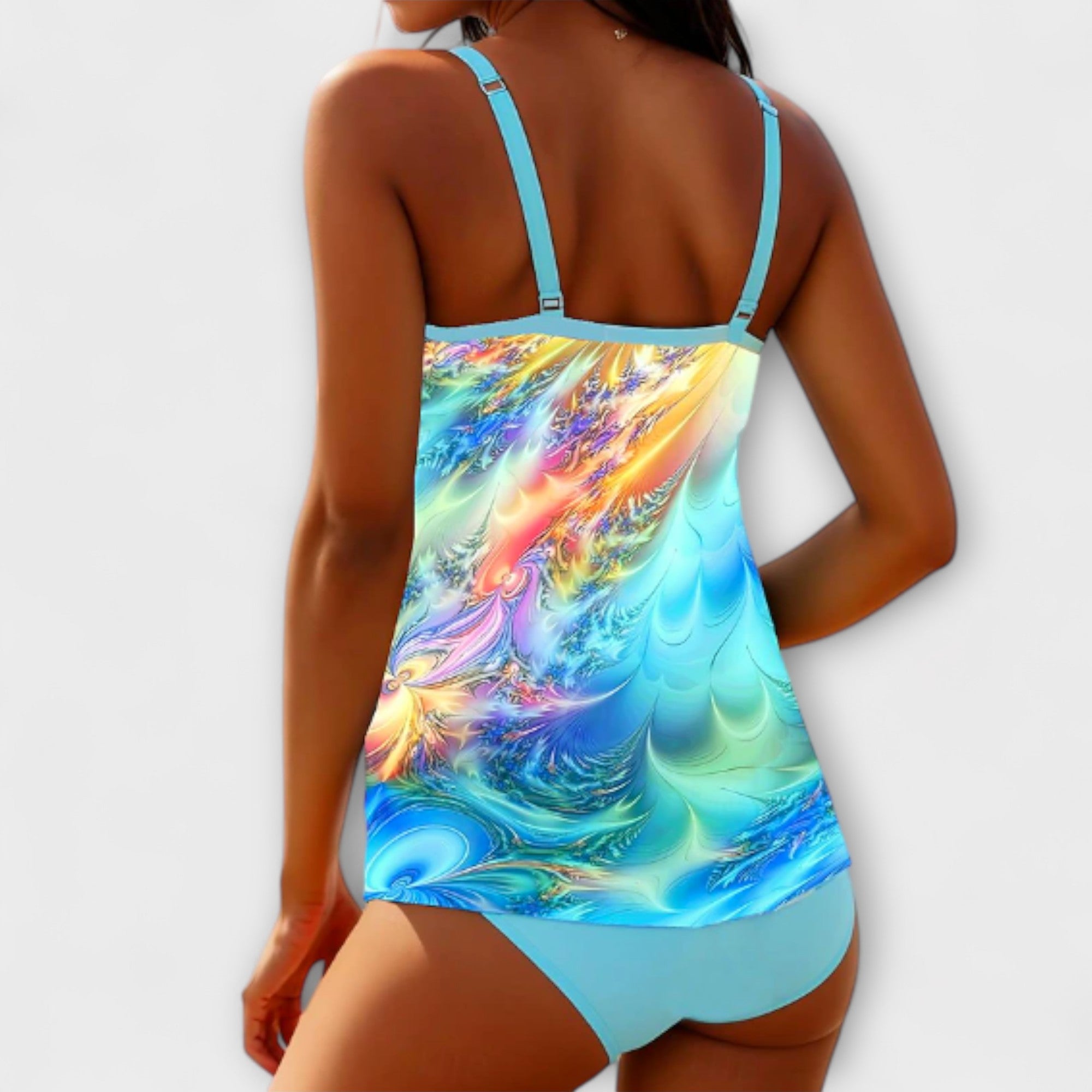 Tankini mujer dos piezas estampado abstracto tirantes dobles parte inferior lisa