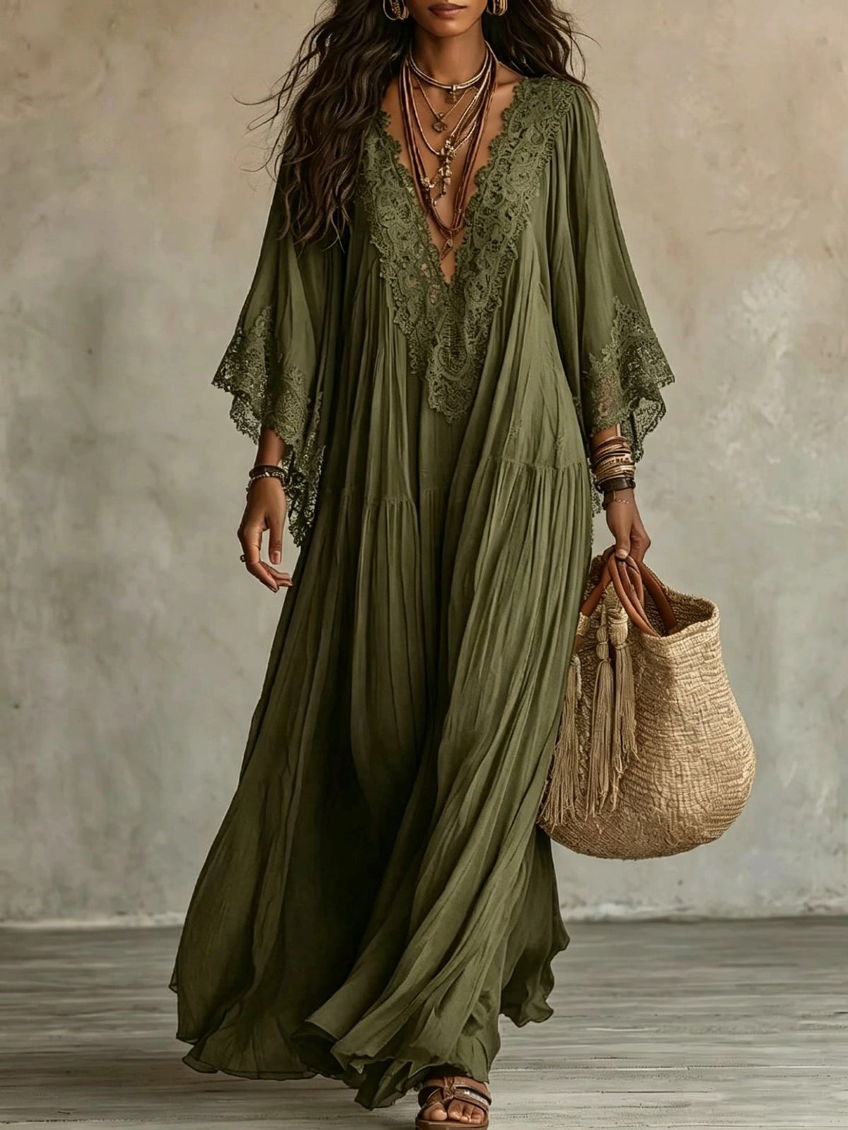 Vestido maxi de mujer con encaje y escote en V bohemio fluido
