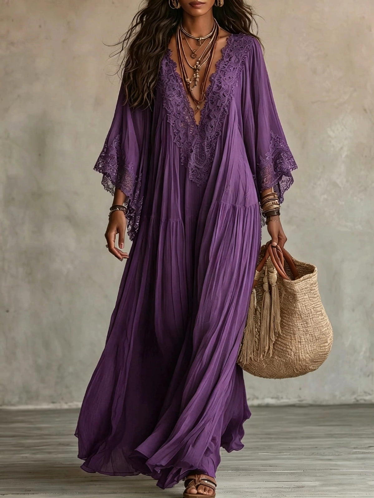 Vestido maxi de mujer con encaje y escote en V bohemio fluido