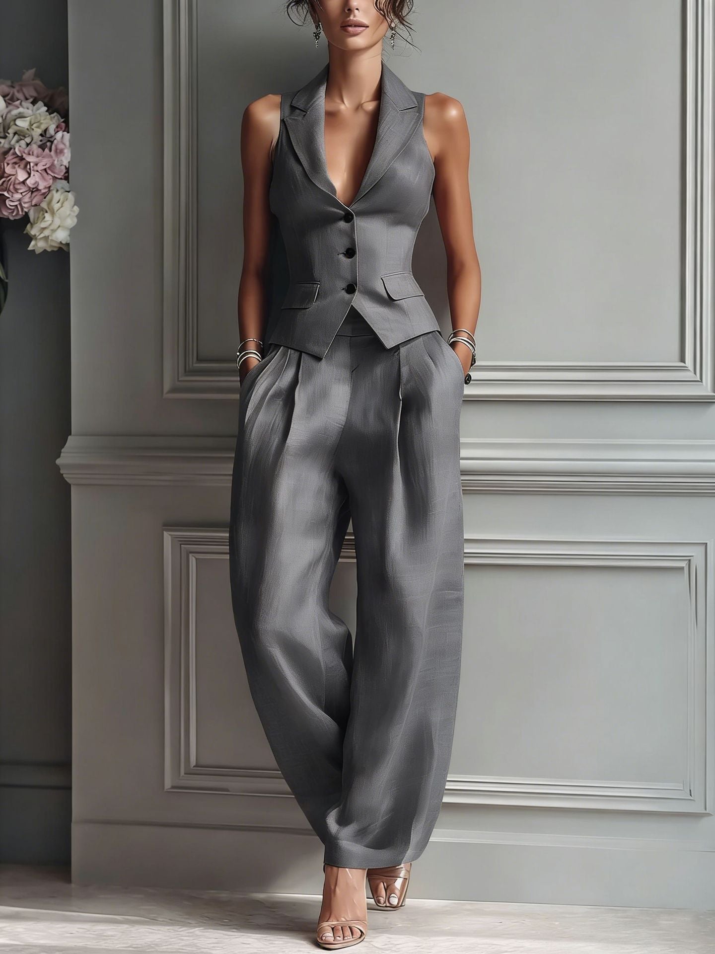 Conjunto mujer elegante chaleco V pantalón amplio