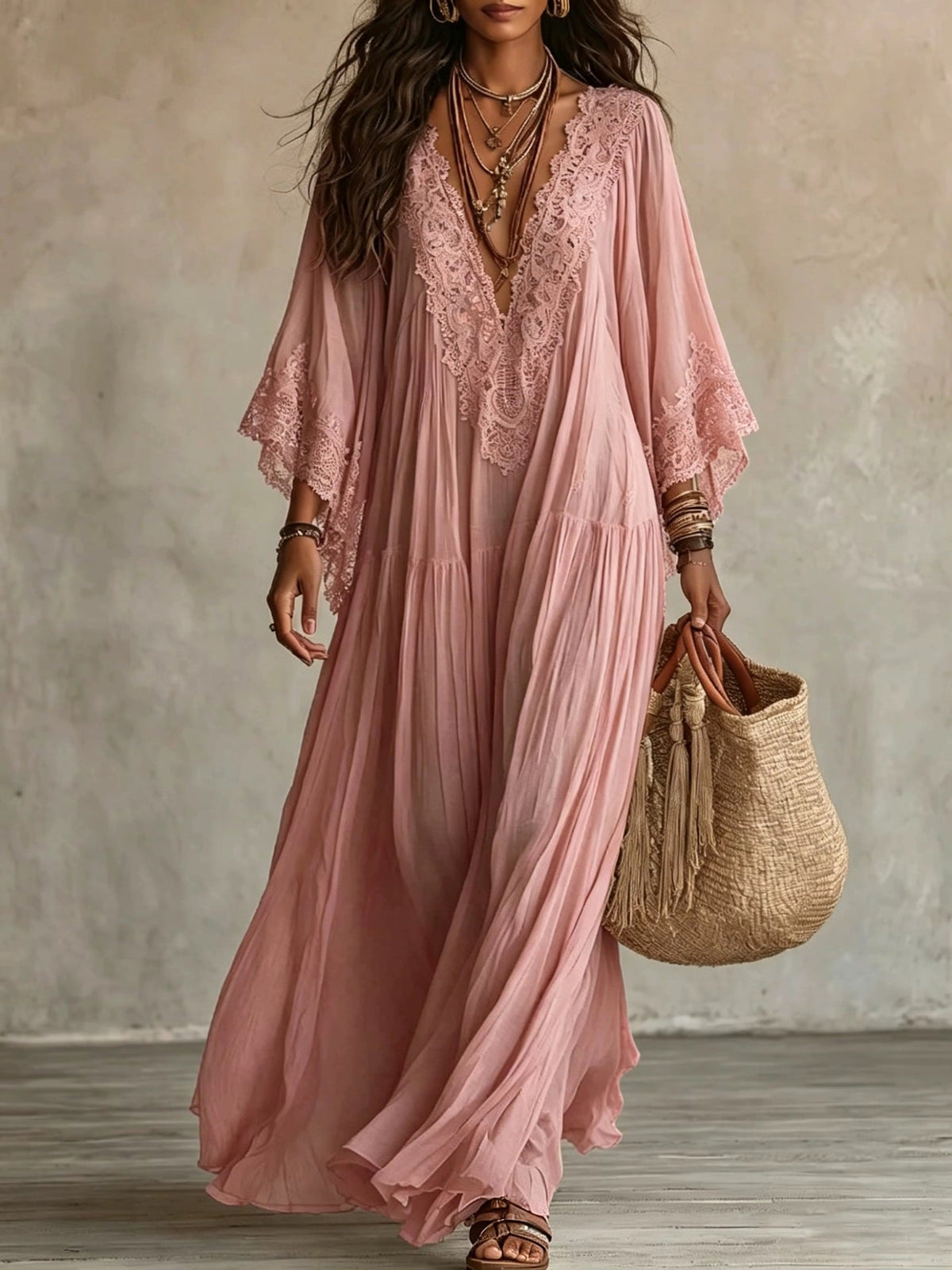 Vestido maxi de mujer con encaje y escote en V bohemio fluido