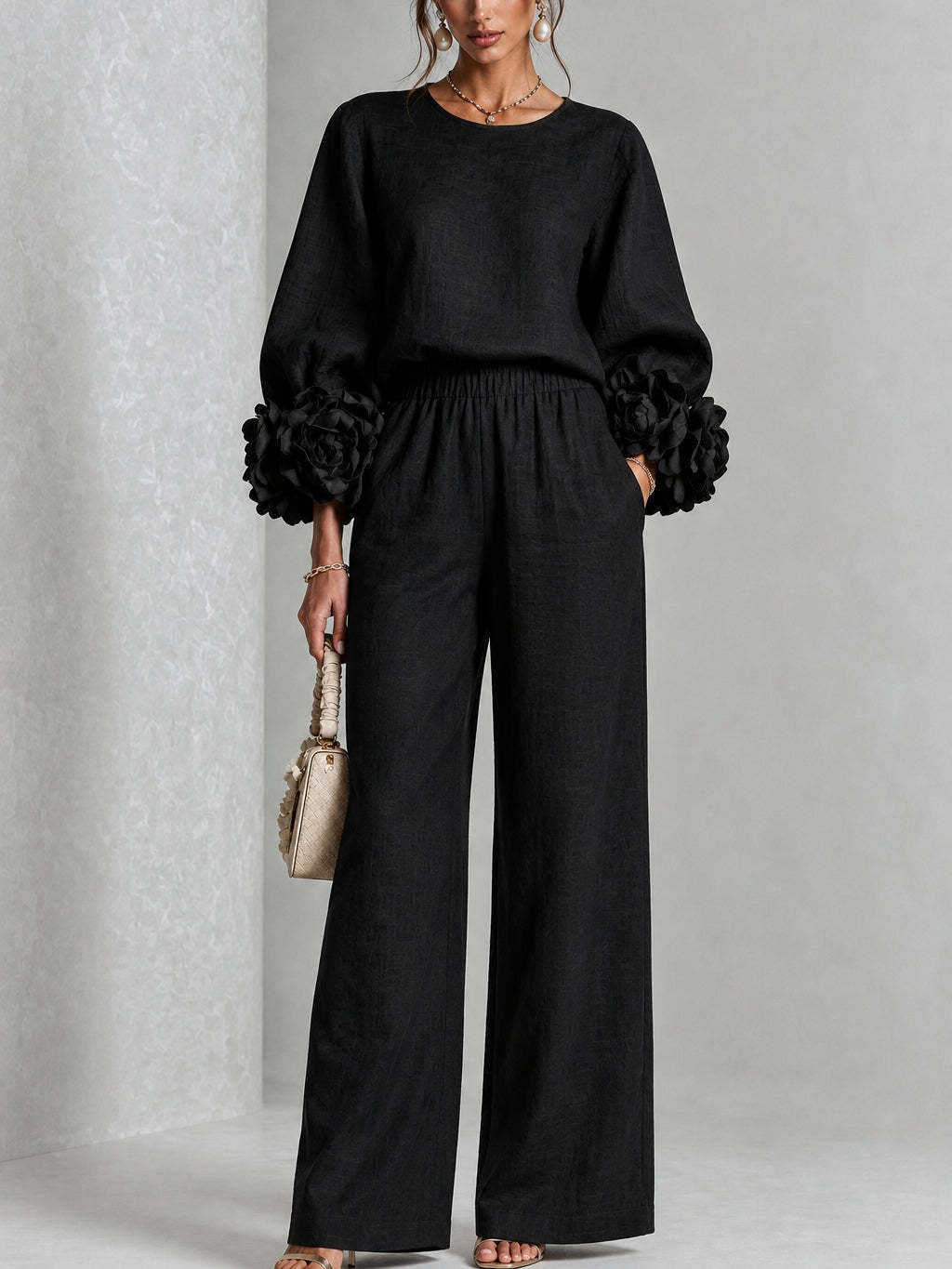 Conjunto mujer dos piezas con mangas florales y pantalón ancho