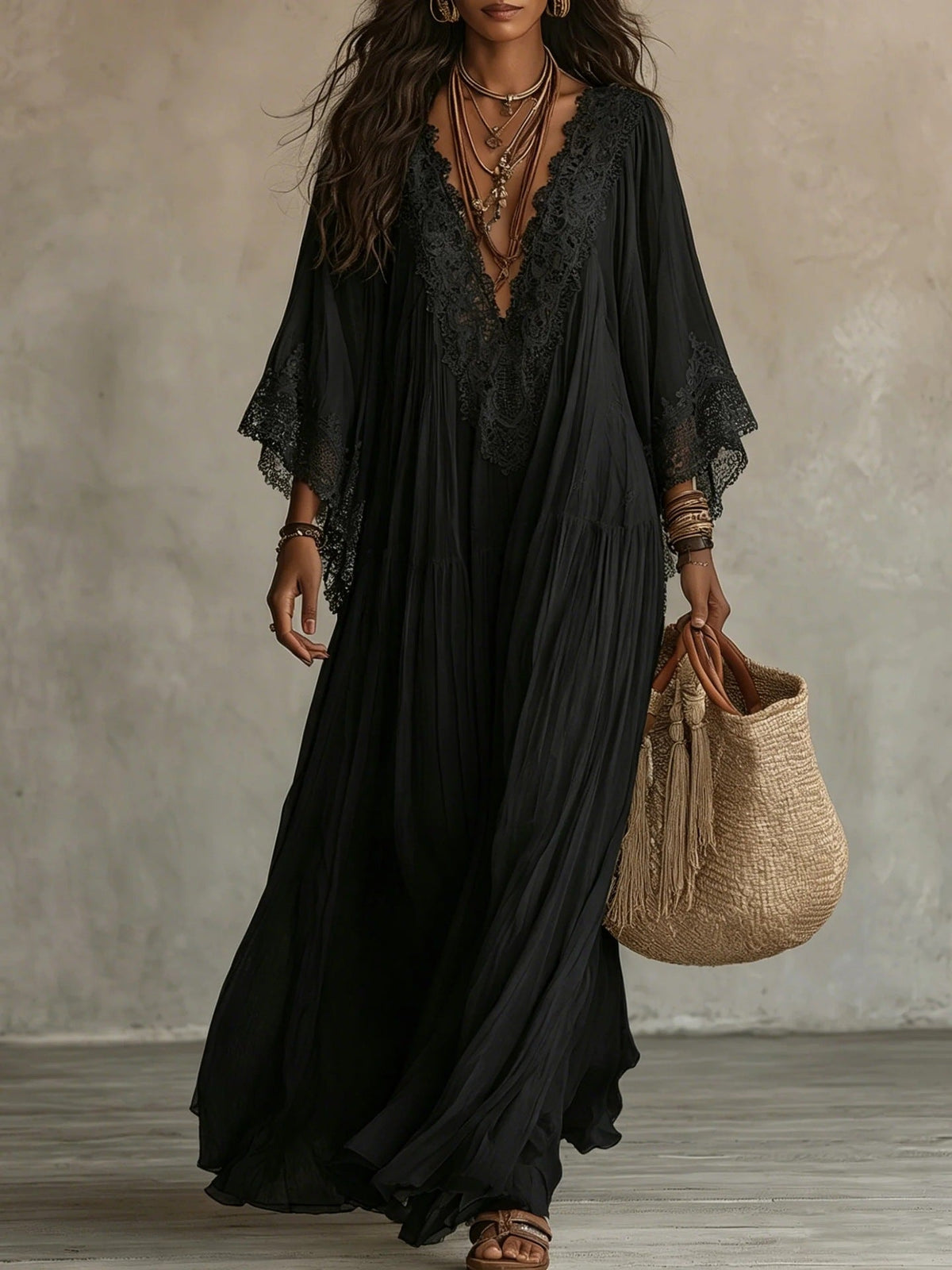 Vestido maxi de mujer con encaje y escote en V bohemio fluido