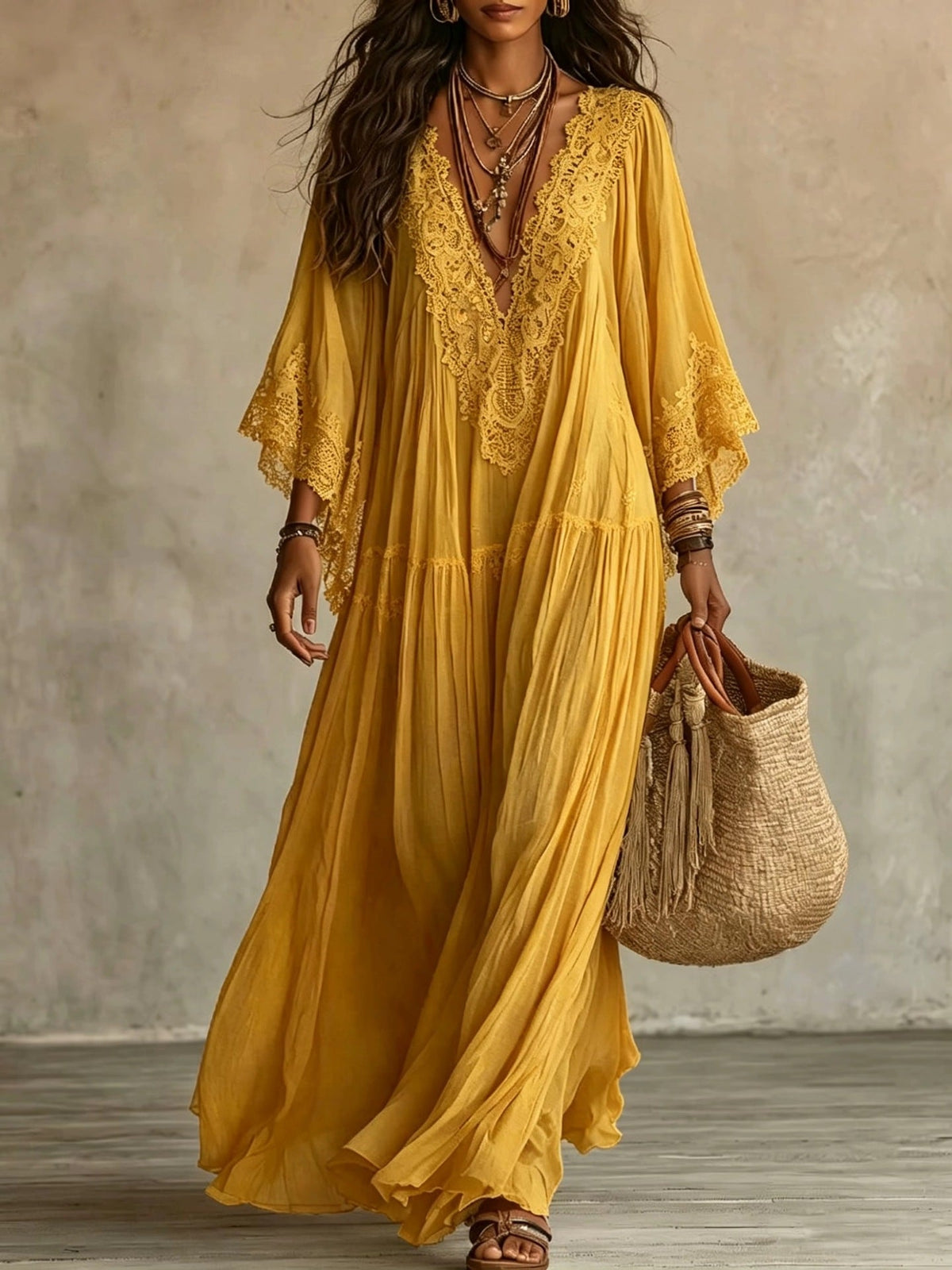 Vestido maxi de mujer con encaje y escote en V bohemio fluido