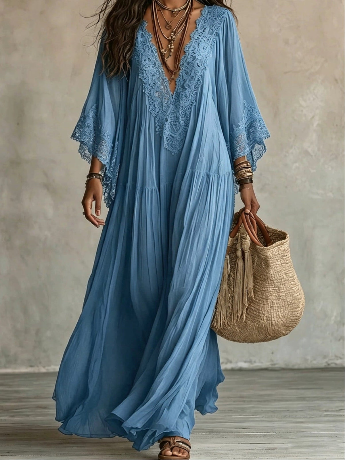Vestido maxi de mujer con encaje y escote en V bohemio fluido