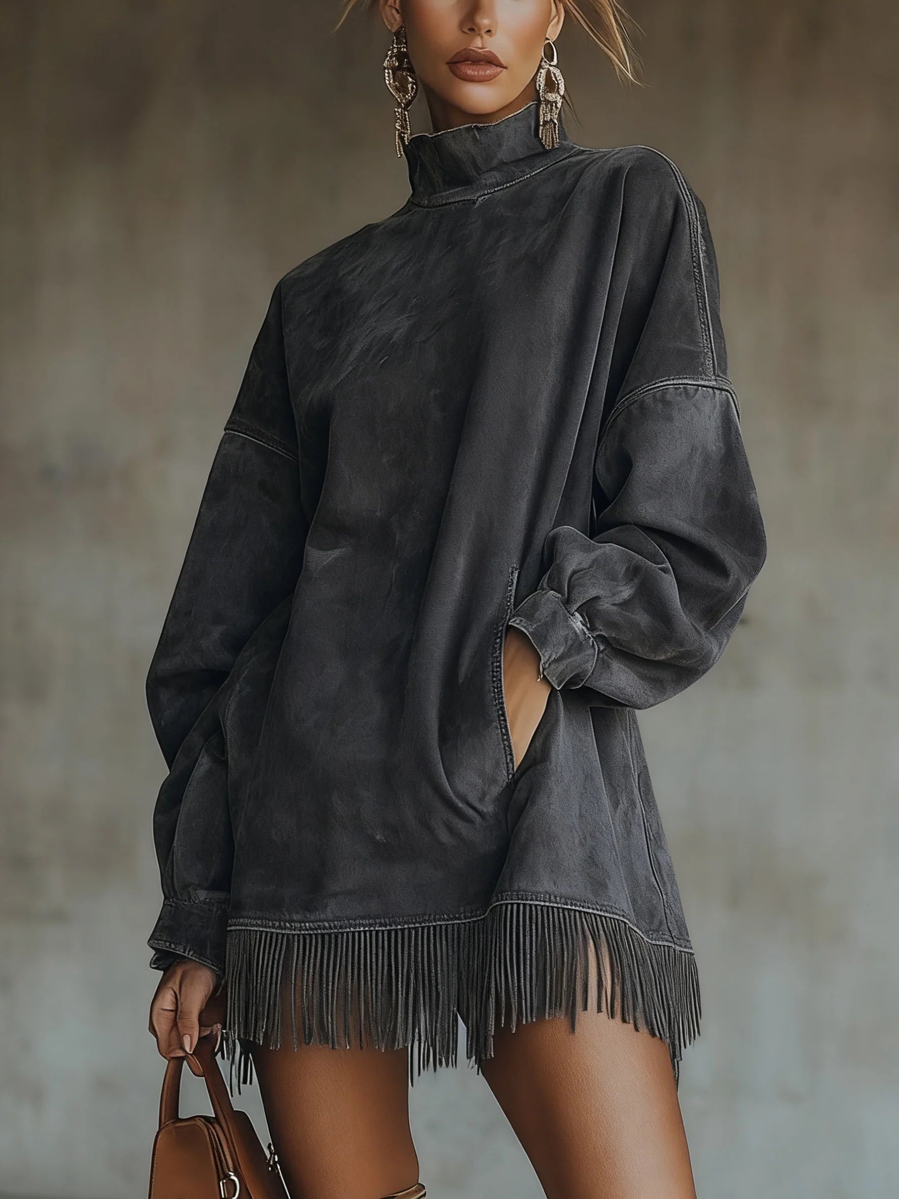 Vestido Mujer Cuello Alto Con Flecos – Estilo Boho Elegante y Cómodo