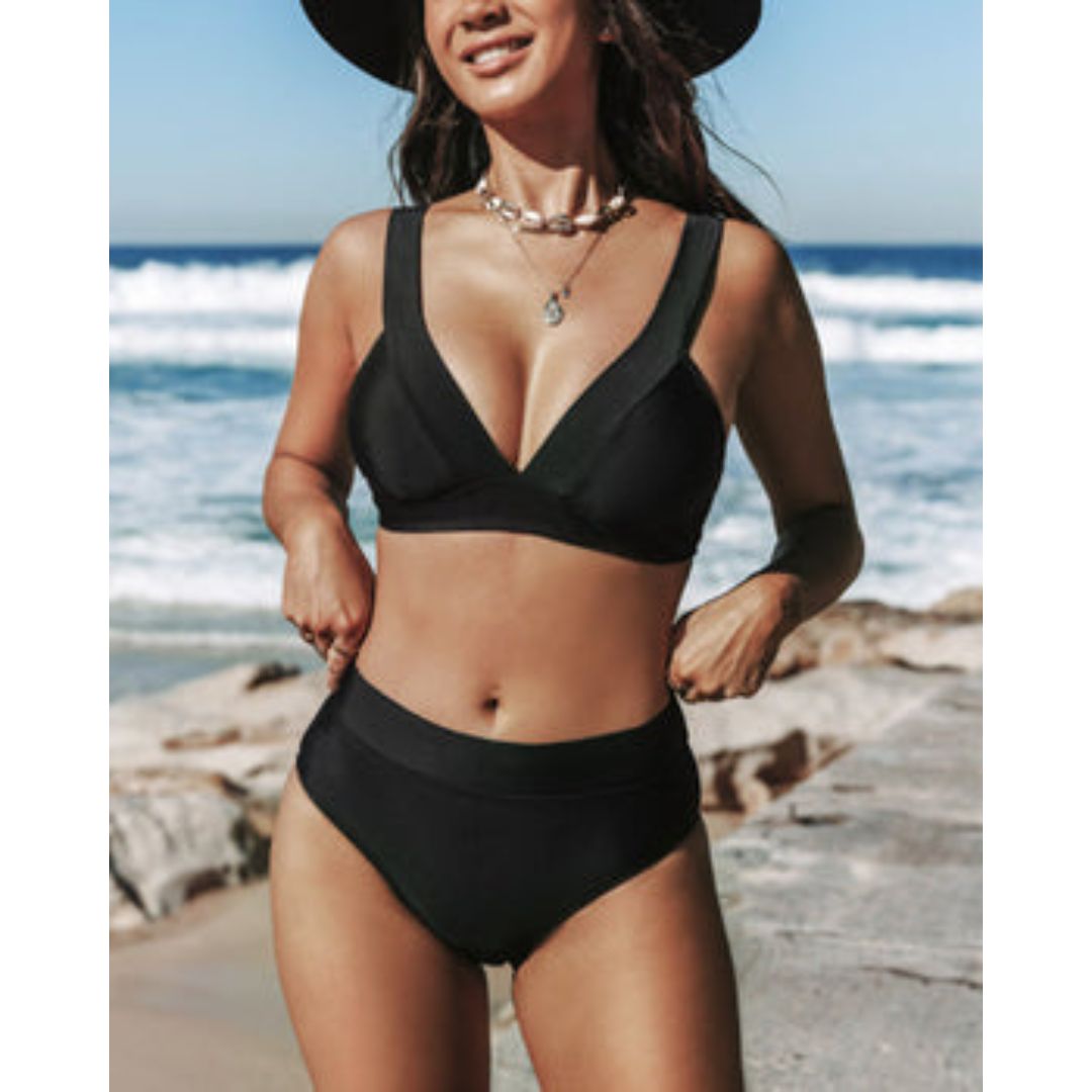 Bikini mujer dos piezas liso top triángulo escote V cintura alta moldeadora playa