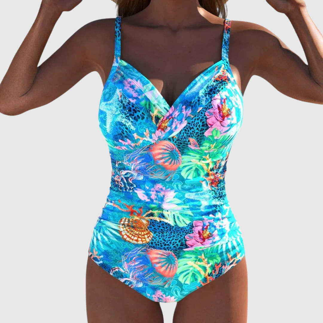 Bañador mujer una pieza tropical marino escote V moldeador