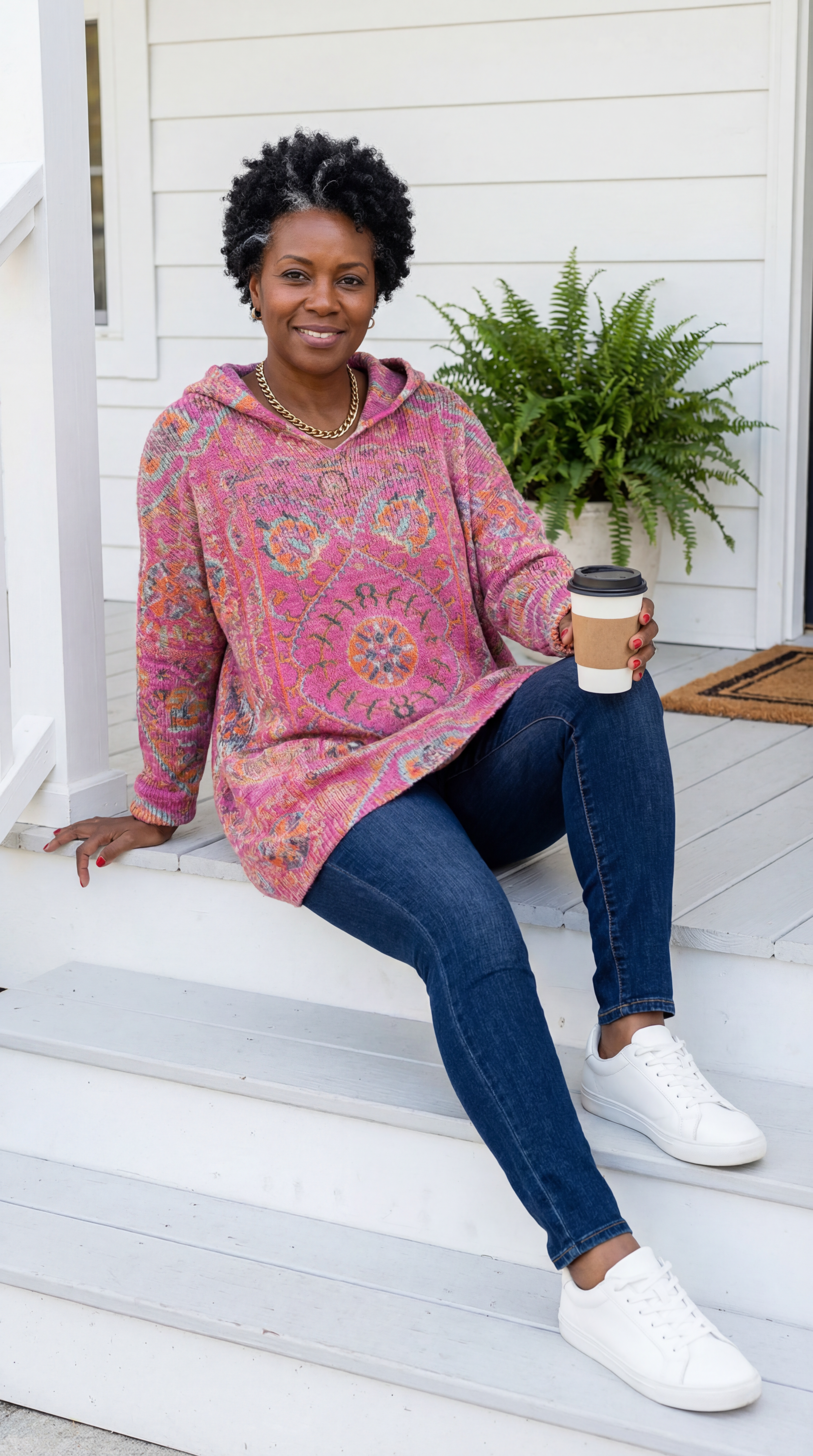 Túnica mujer con capucha retro estampada – cómoda y cálida