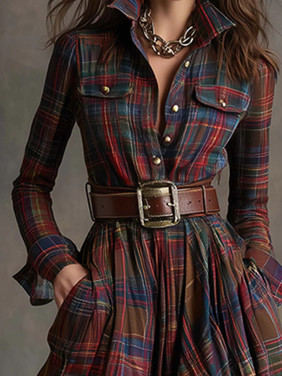 Vestido Largo Mujer Cuadros Con Cinturón – Estilo Elegante y Vintage