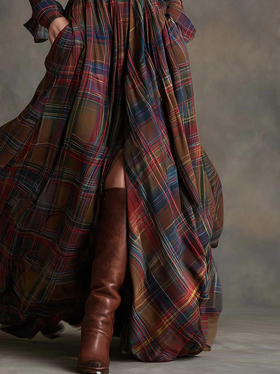 Vestido Largo Mujer Cuadros Con Cinturón – Estilo Elegante y Vintage