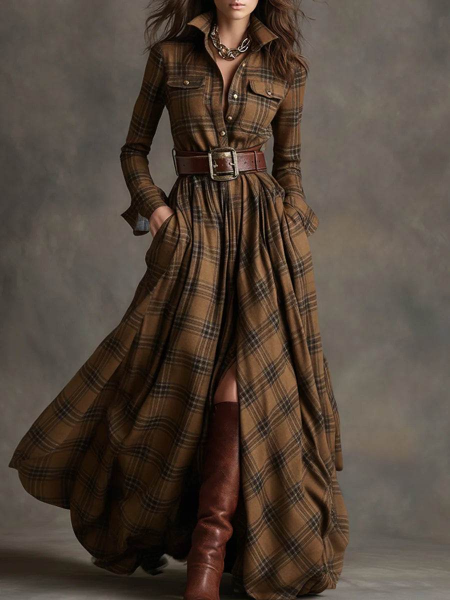 Vestido Largo Mujer Cuadros Con Cinturón – Estilo Elegante y Vintage