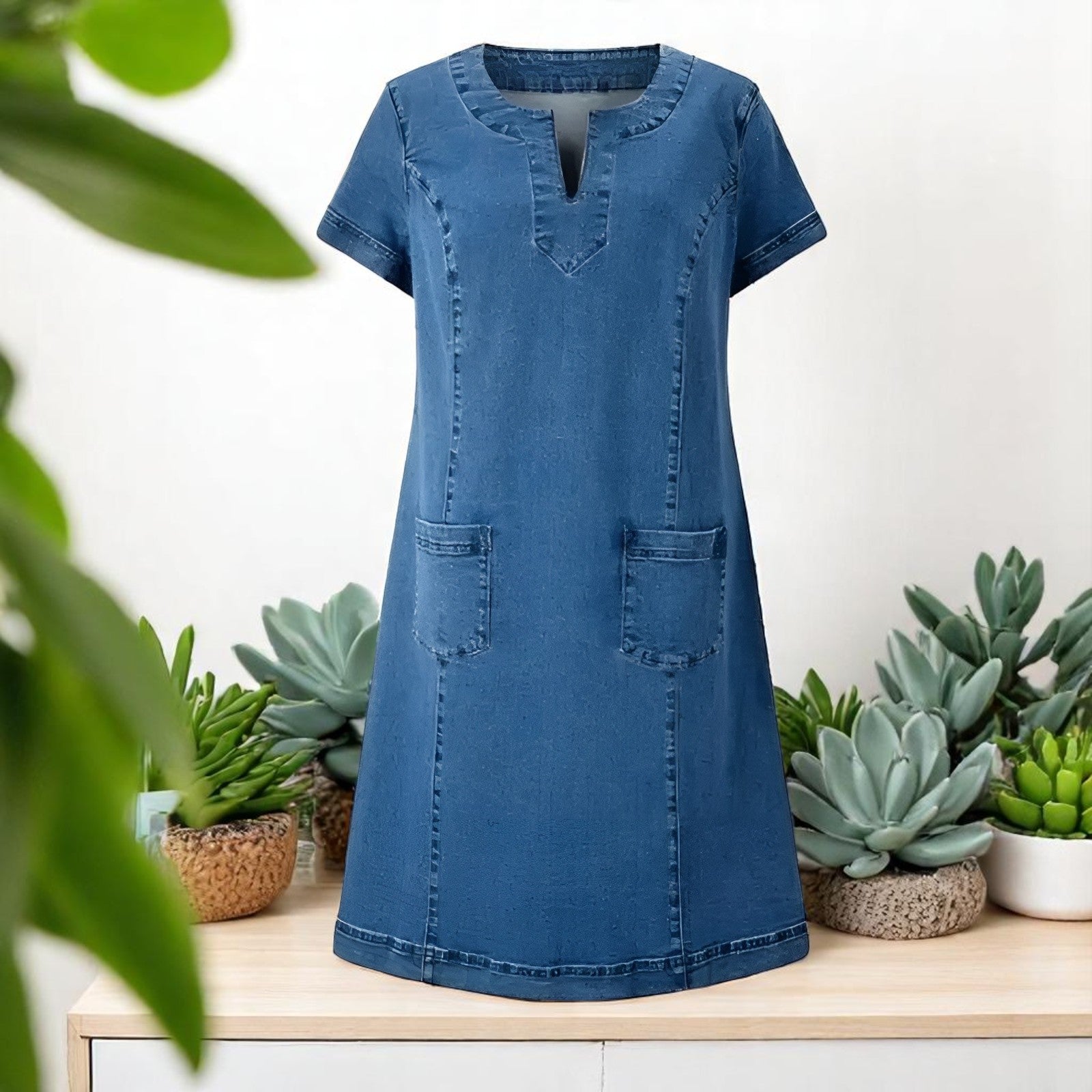 Vestido denim mujer escote V bolsillos casual corto