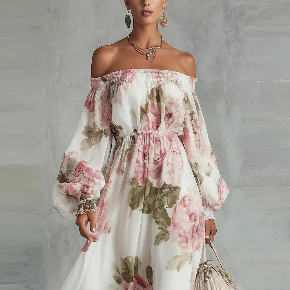 Vestido maxi floral para mujer con hombros descubiertos