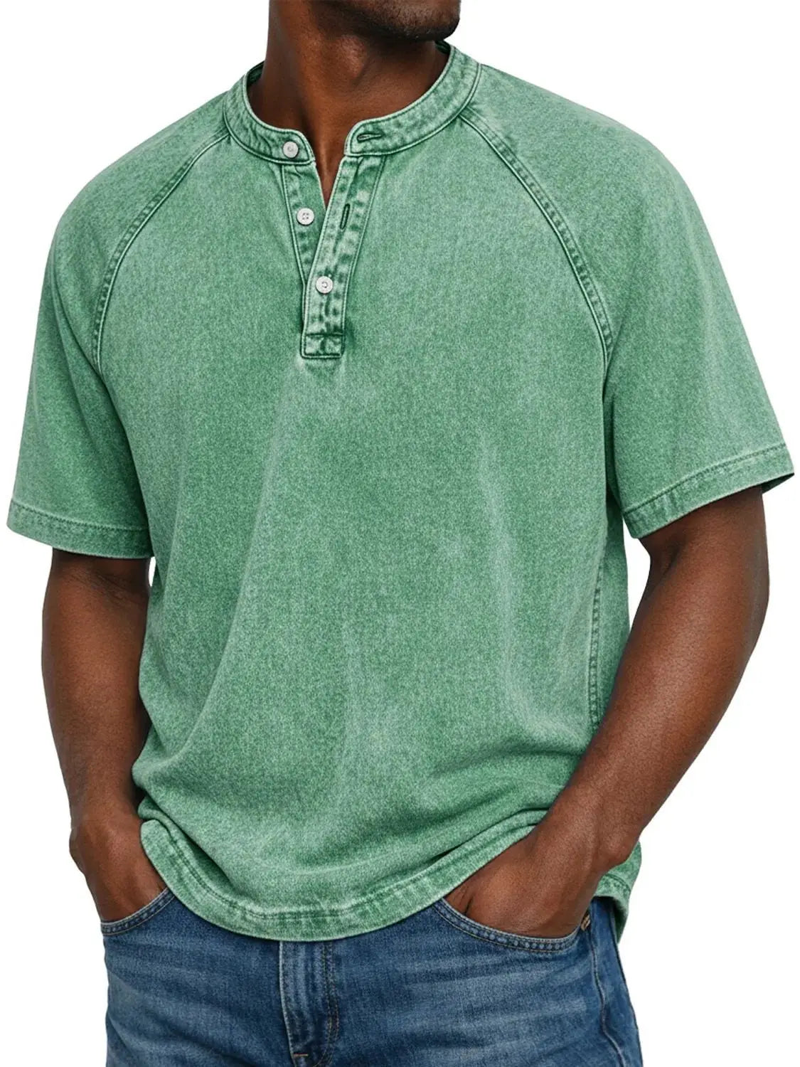 Camiseta hombre algodón cuello Henley manga corta efecto desgastado vintage casual