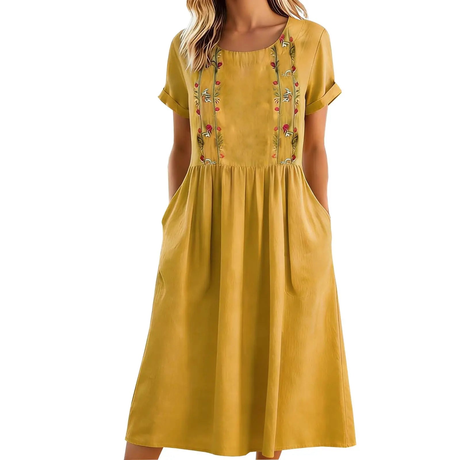 Vestido midi mujer algodón poliéster bordado y bolsillos verano