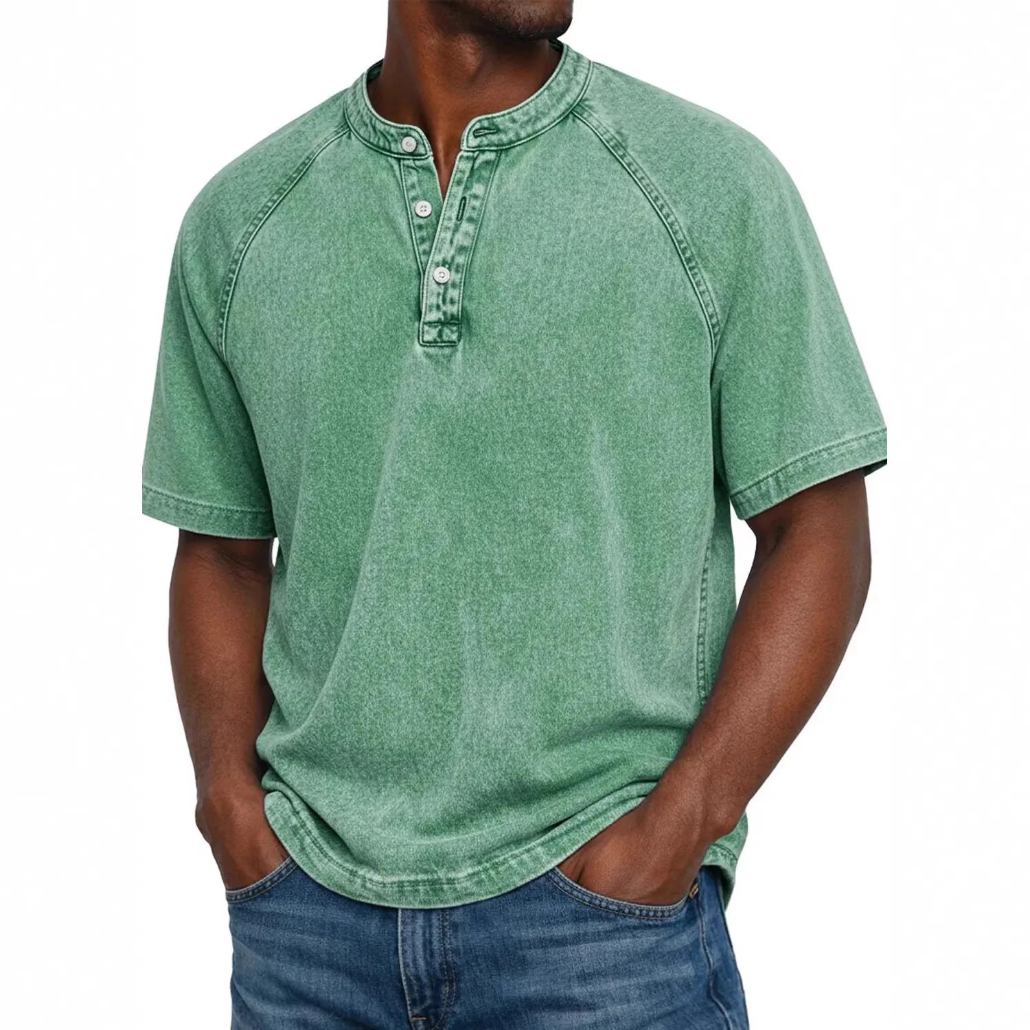 Camiseta hombre algodón cuello Henley manga corta efecto desgastado vintage casual