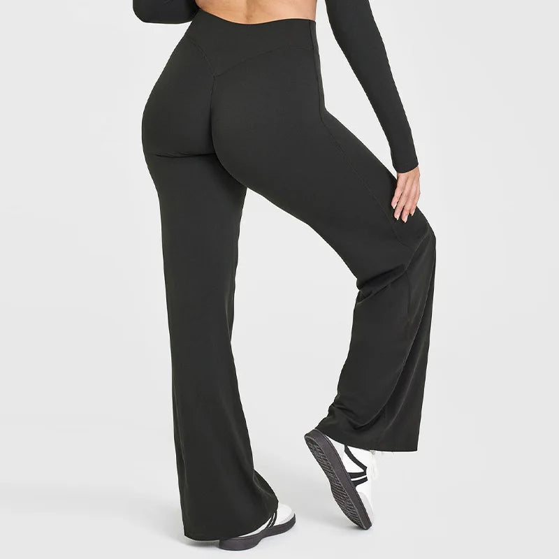 Pantalón yoga mujer cintura alta con pierna ancha para pilates