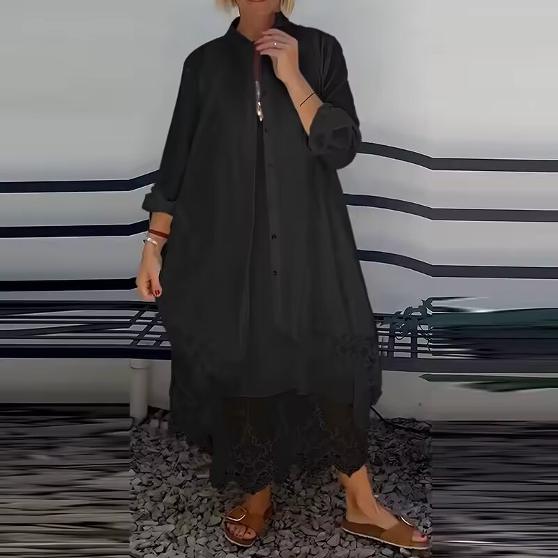 Conjunto mujer vestido fluido con cárdigan y encaje