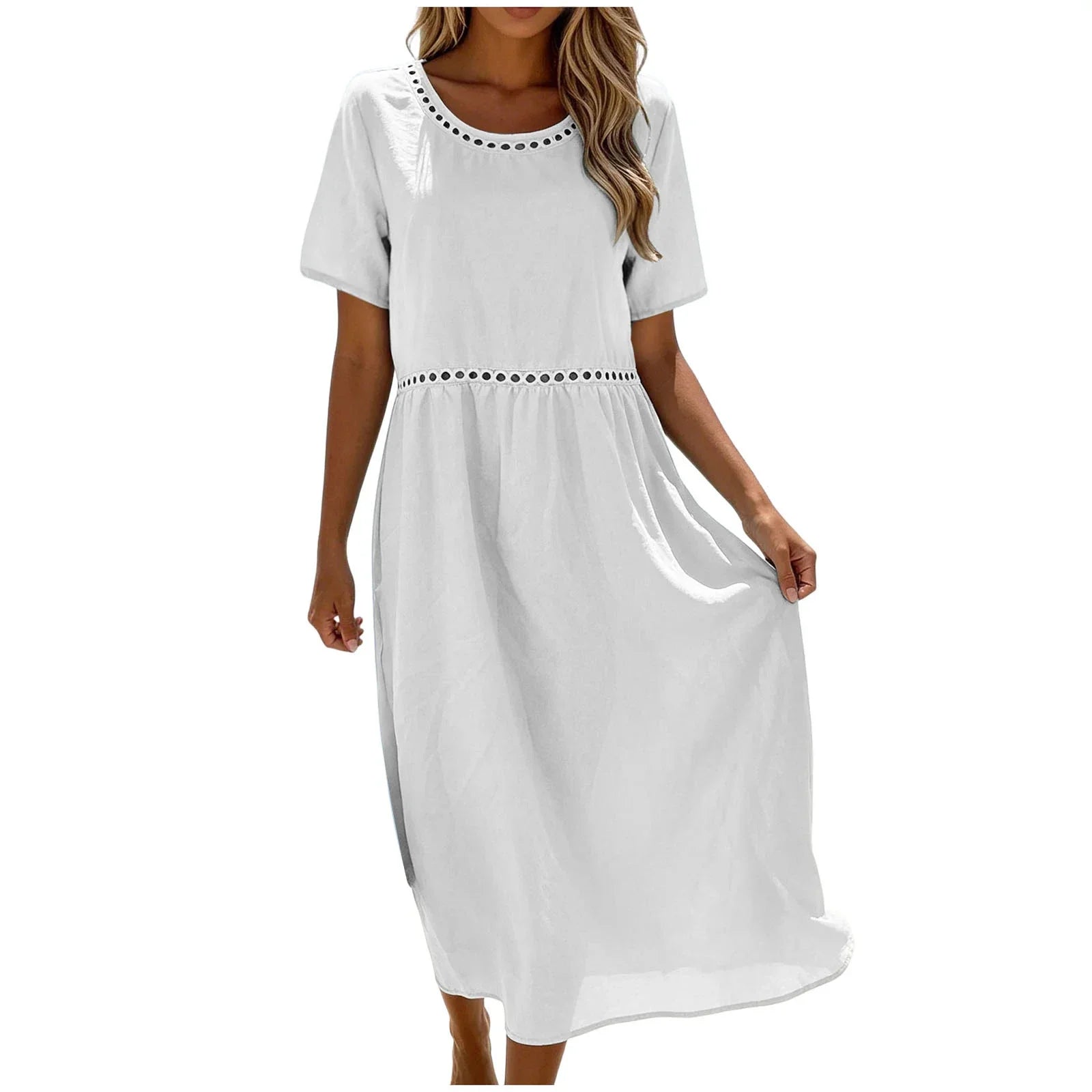 Vestido largo mujer algodón poliéster perforado verano casual