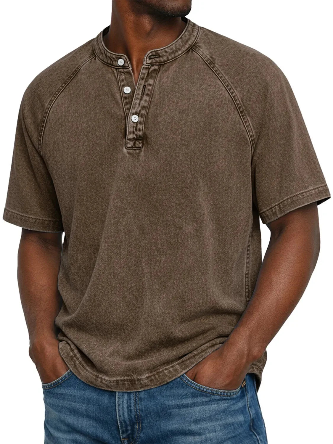 Camiseta hombre algodón cuello Henley manga corta efecto desgastado vintage casual