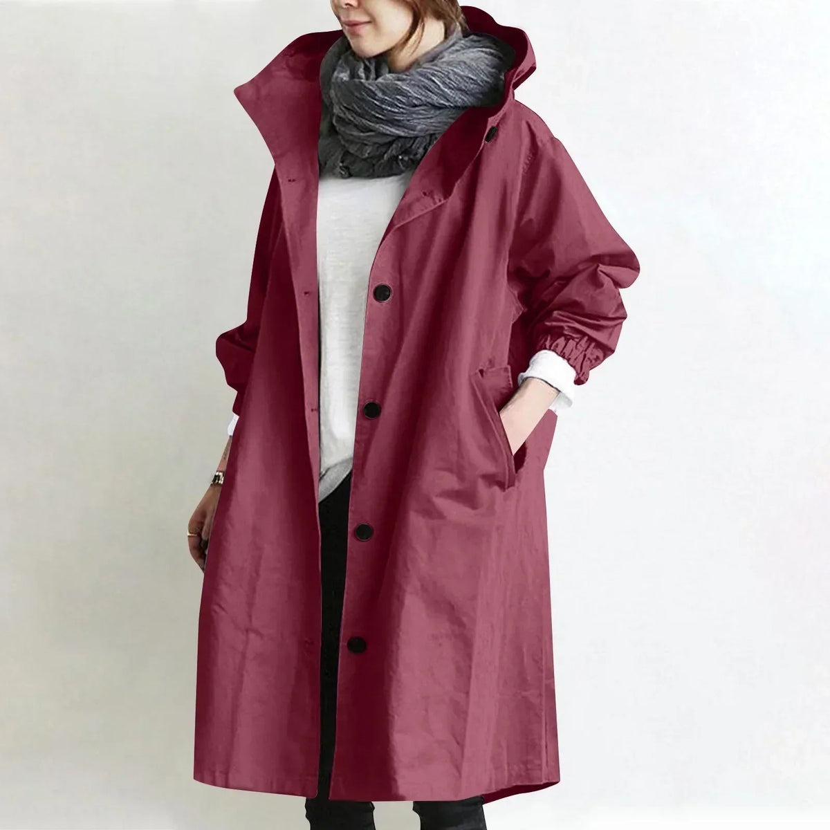 Trench largo para mujer con capucha, botones y bolsillos