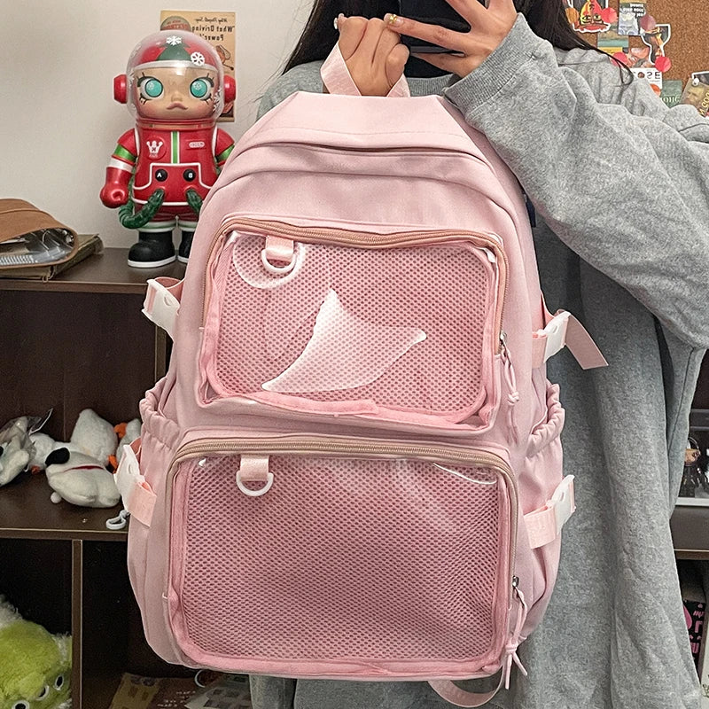 Mochila escolar Ita Bag rosa para mujer, mochila para colegio con bolsillos transparentes y gran capacidad