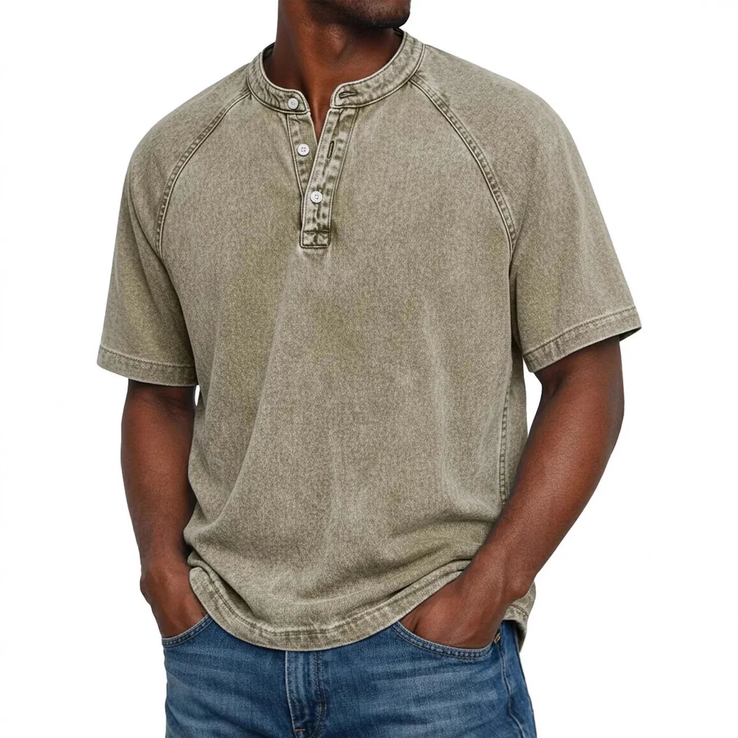 Camiseta hombre algodón cuello Henley manga corta efecto desgastado vintage casual
