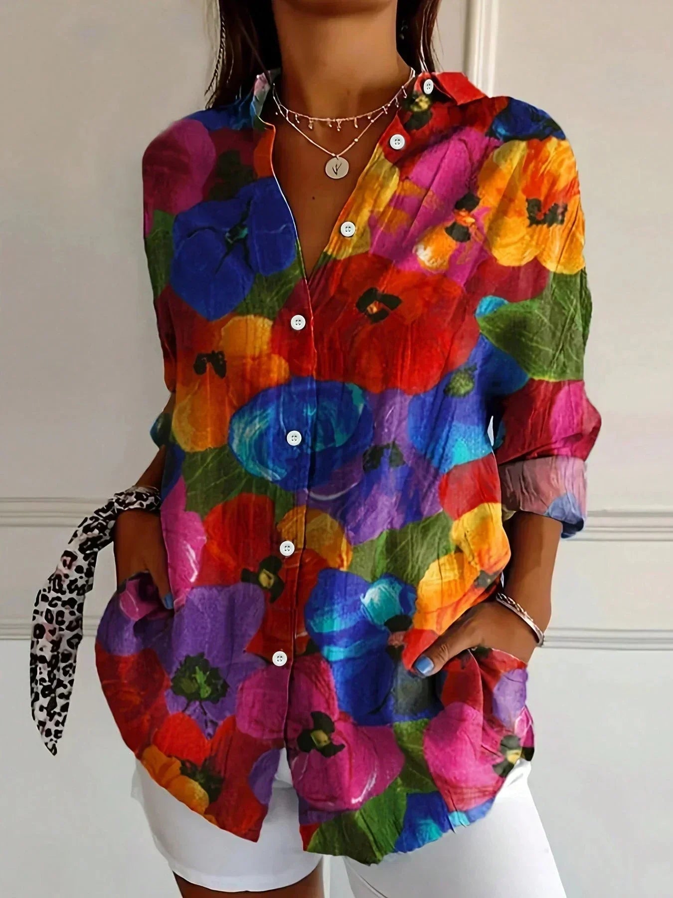 Blusa mujer estampada colorida manga larga – casual ligera verano