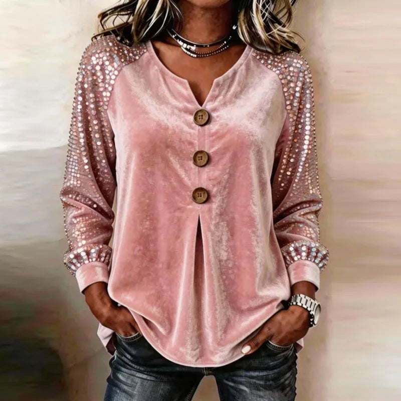 Top de terciopelo para mujer con mangas de lentejuelas