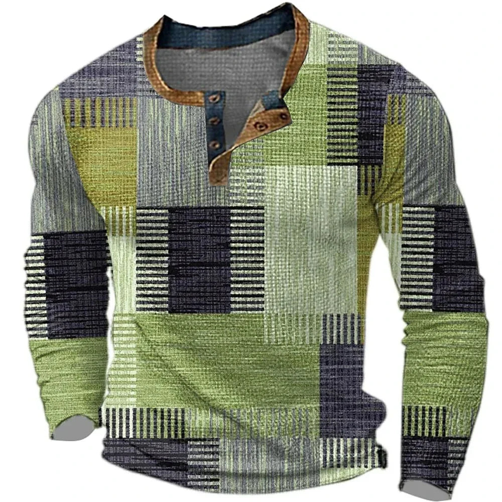Camiseta hombre manga larga cuello Henley estampado geométrico patchwork casual