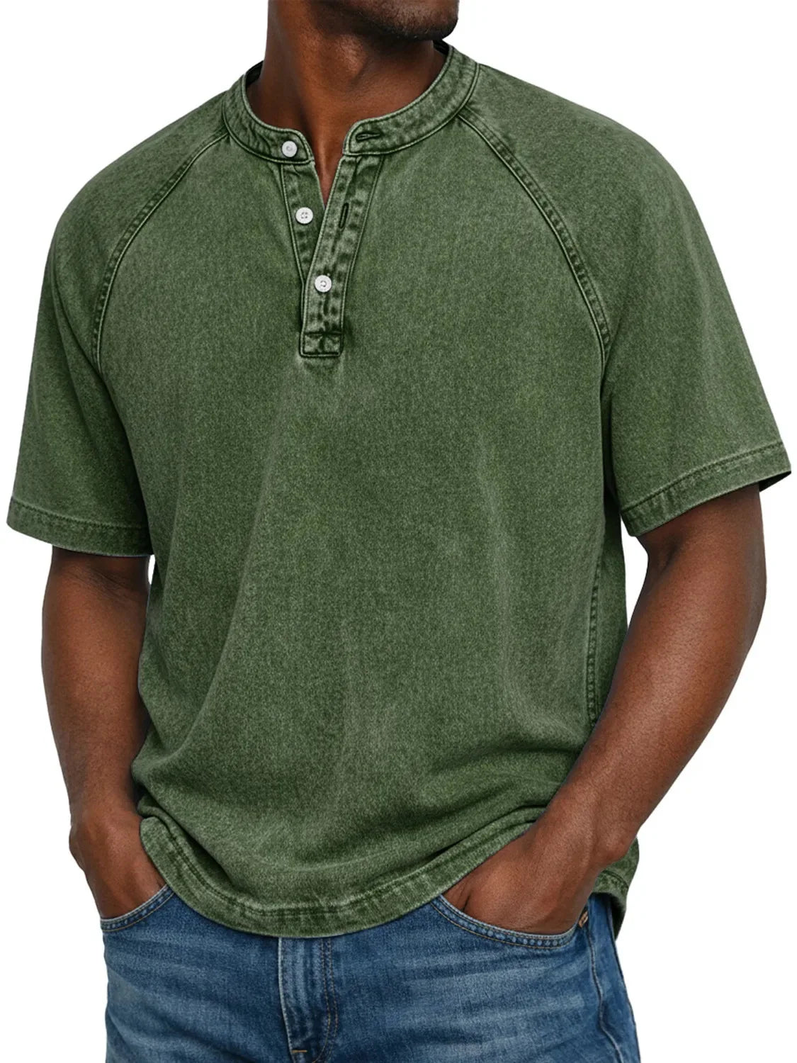 Camiseta hombre algodón cuello Henley manga corta efecto desgastado vintage casual