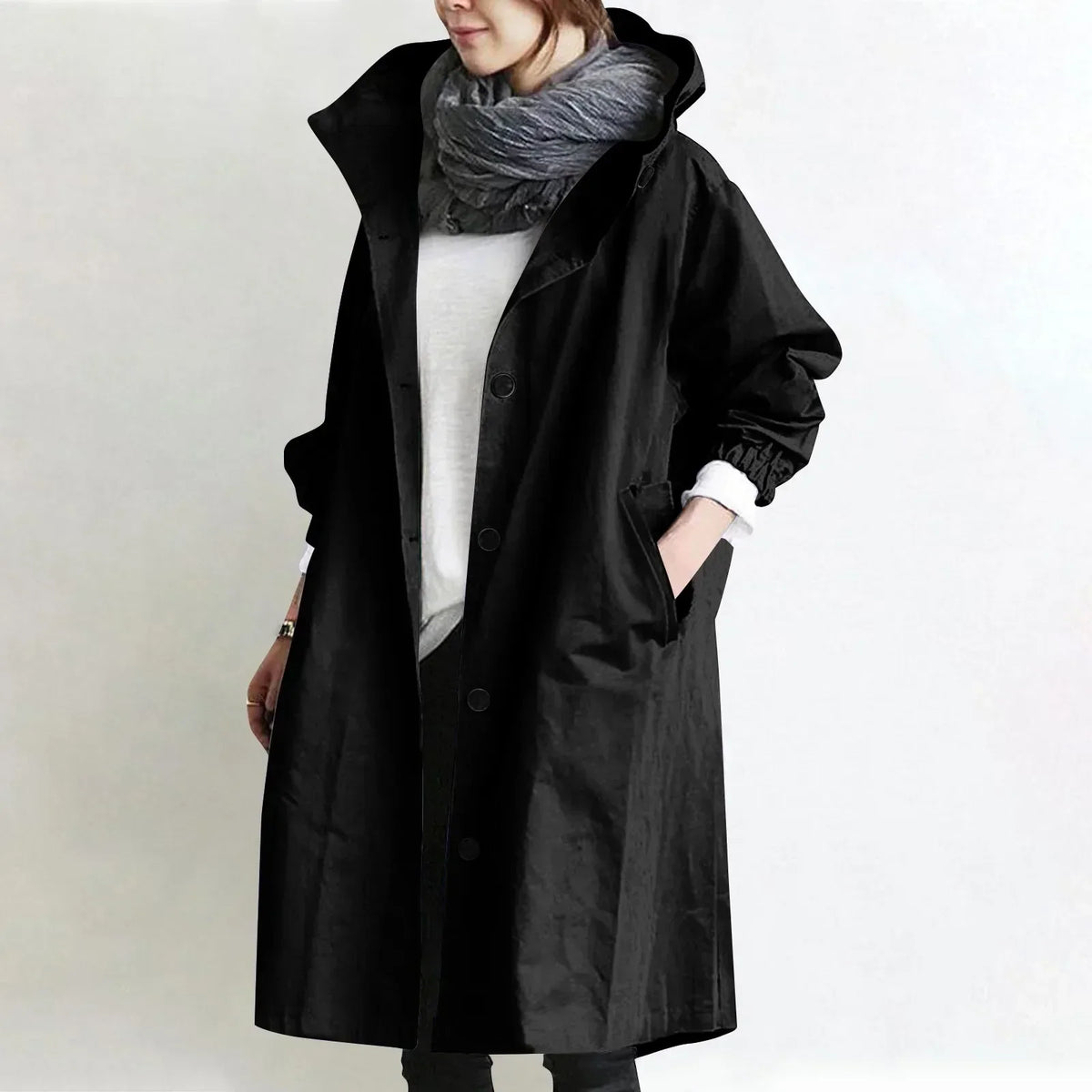 Trench largo para mujer con capucha, botones y bolsillos