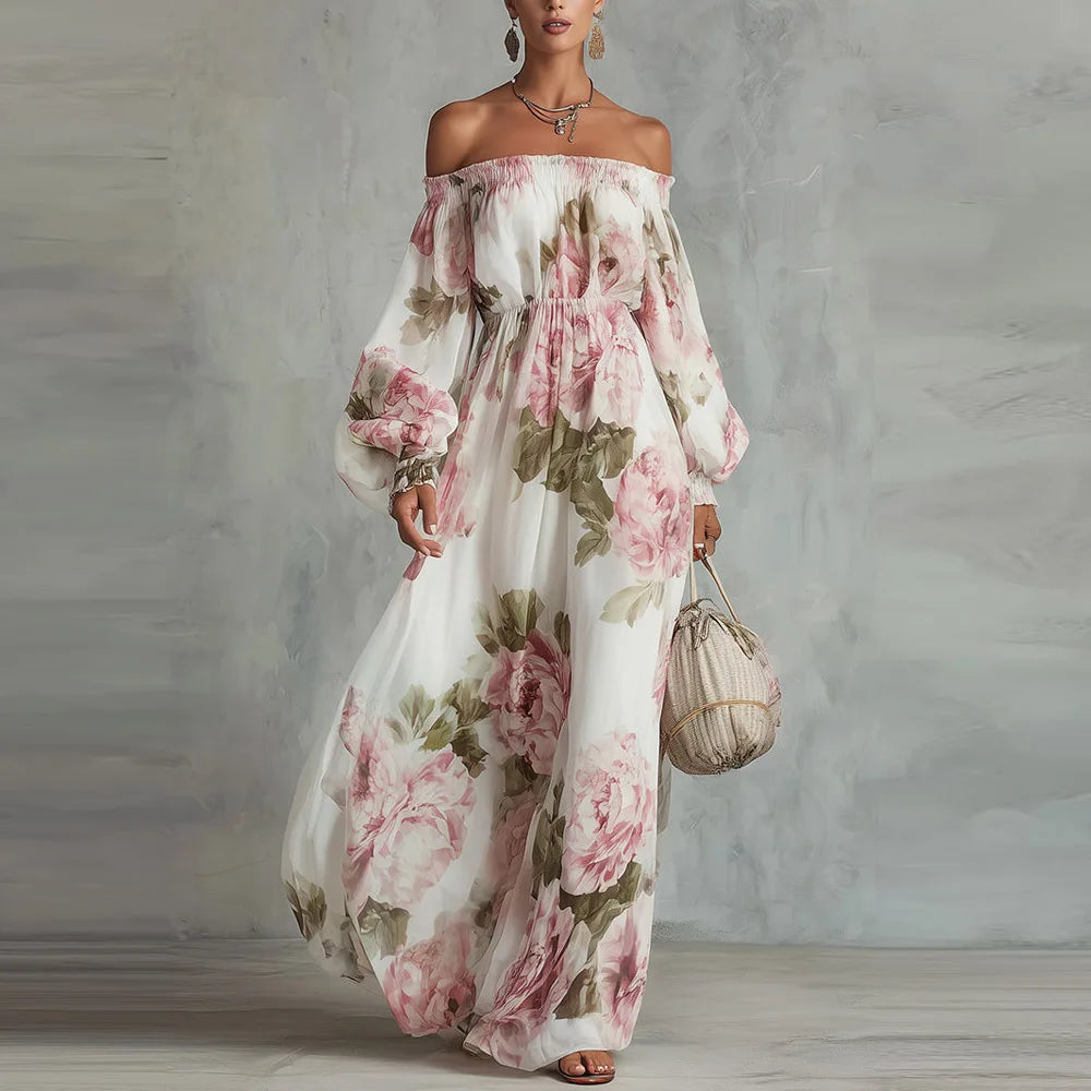 Vestido maxi floral para mujer con hombros descubiertos