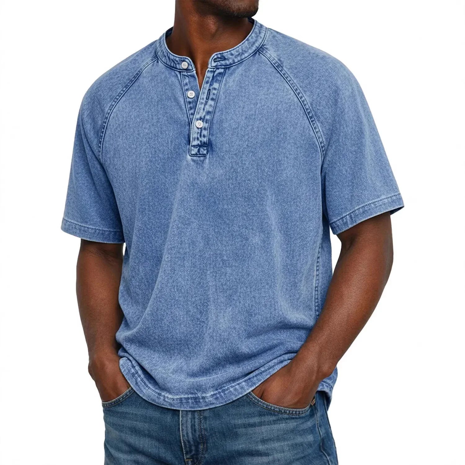 Camiseta hombre algodón cuello Henley manga corta efecto desgastado vintage casual