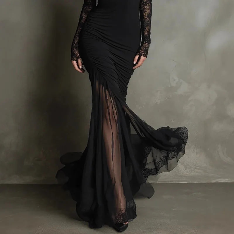 Vestido Largo Mujer Con Encaje y Escote En V – Estilo Elegante y Sensual