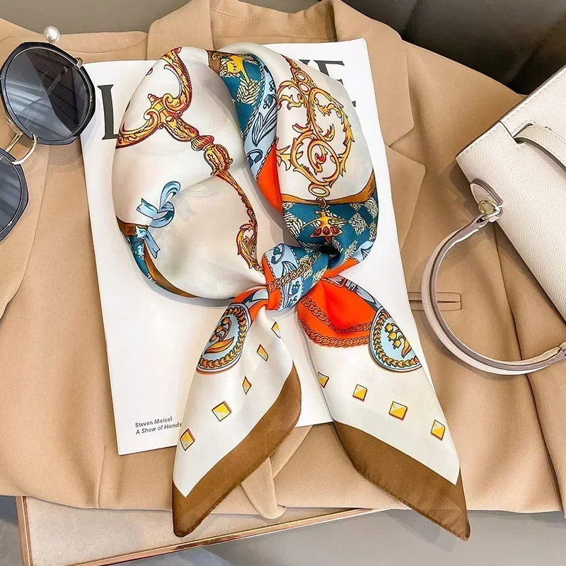 Pañuelo cuadrado mujer satinado con estampado elegante multifunción
