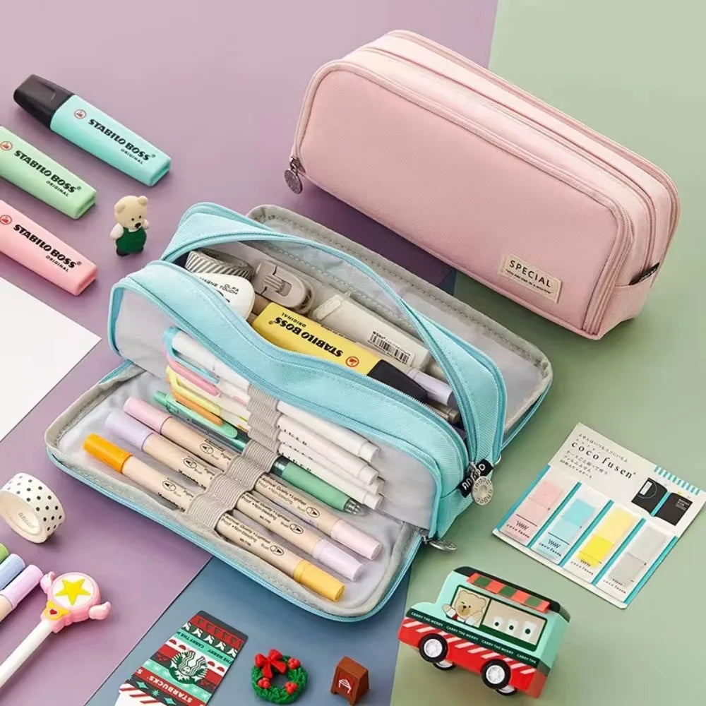Estuche escolar grande de tela con 4 compartimentos y separador transparente