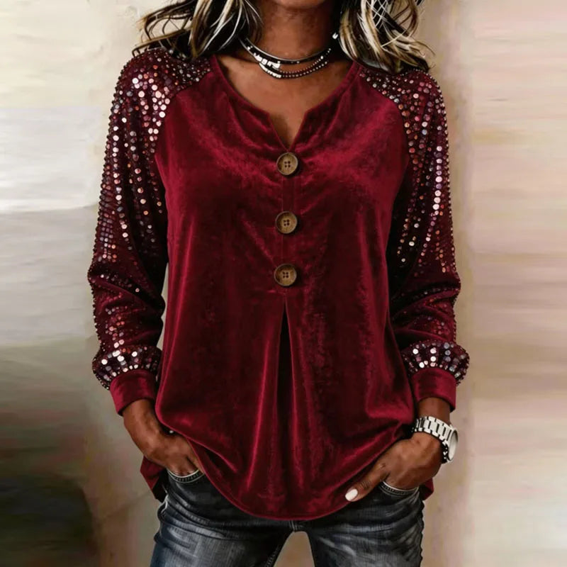 Top de terciopelo para mujer con mangas de lentejuelas