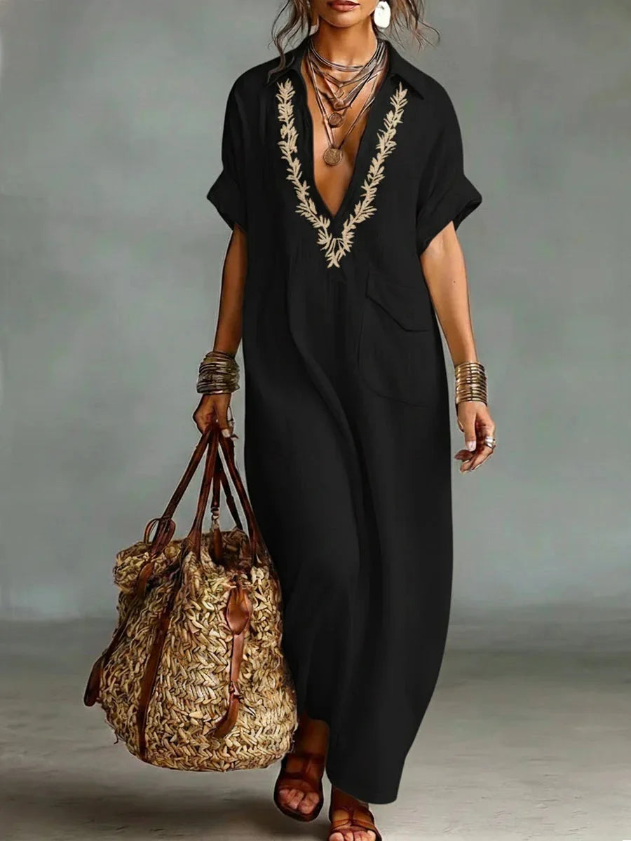 Vestido largo efecto lino bordado con bolsillos estilo boho