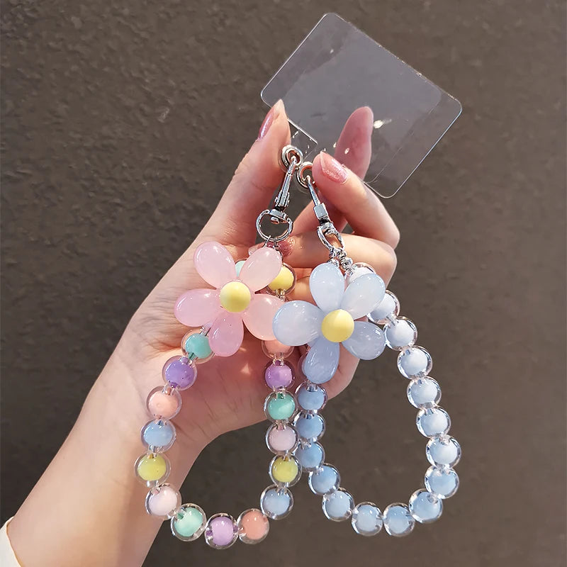 Correa muñequera para móvil hecha a mano con cuentas de colores y flor decorativa, regalo perfecto para mujer
