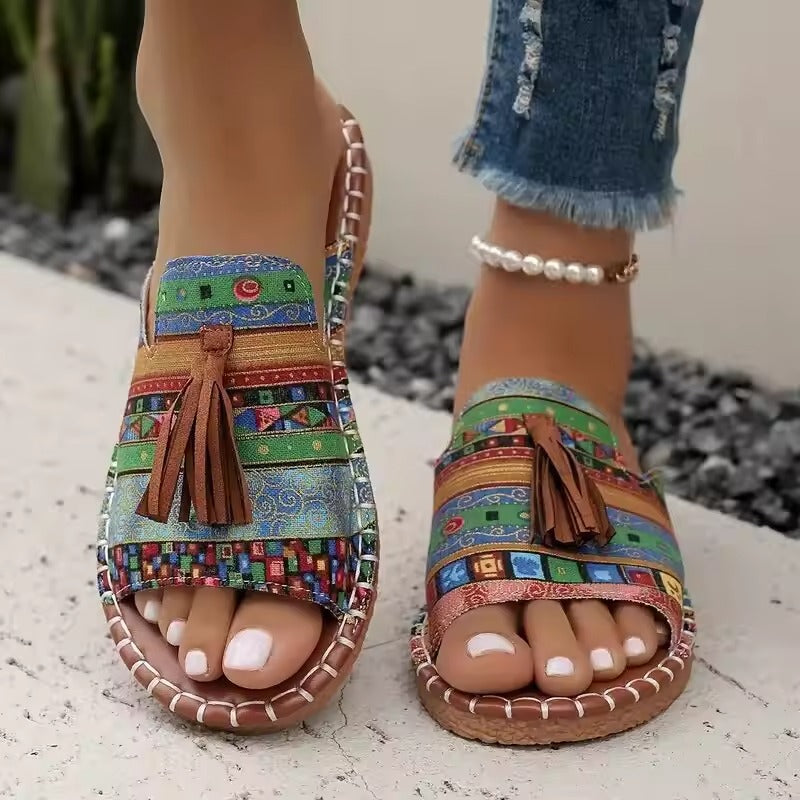 Sandalias mujer planas étnicas flecos cuero suela acolchada boho verano