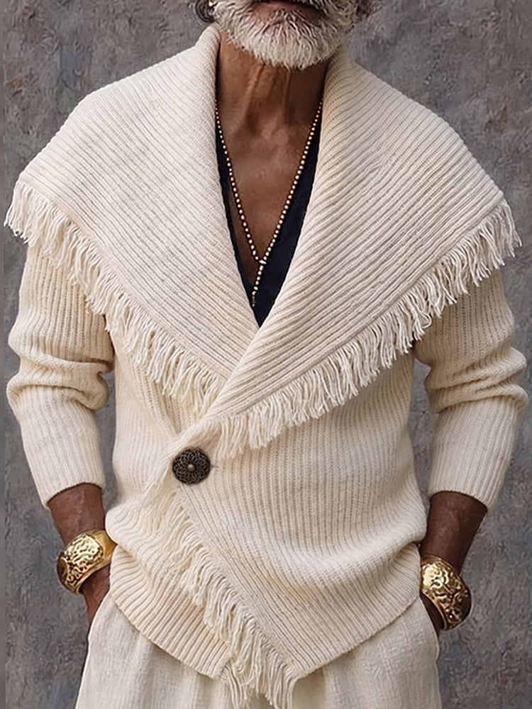 Cárdigan de punto para hombre con cuello chal y flecos