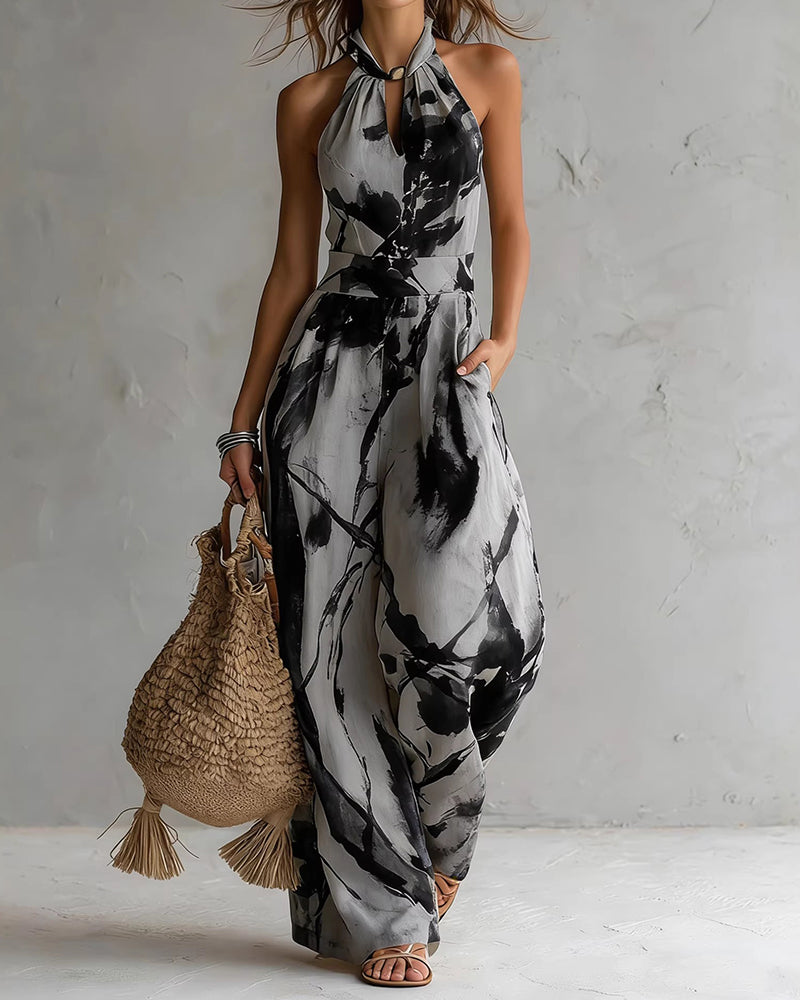 Mono mujer halter con estampado acuarela y pierna ancha