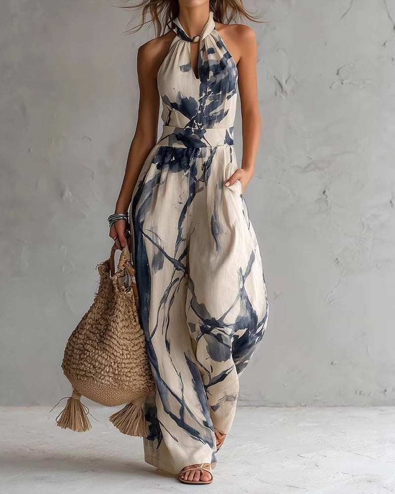 Mono mujer halter con estampado acuarela y pierna ancha
