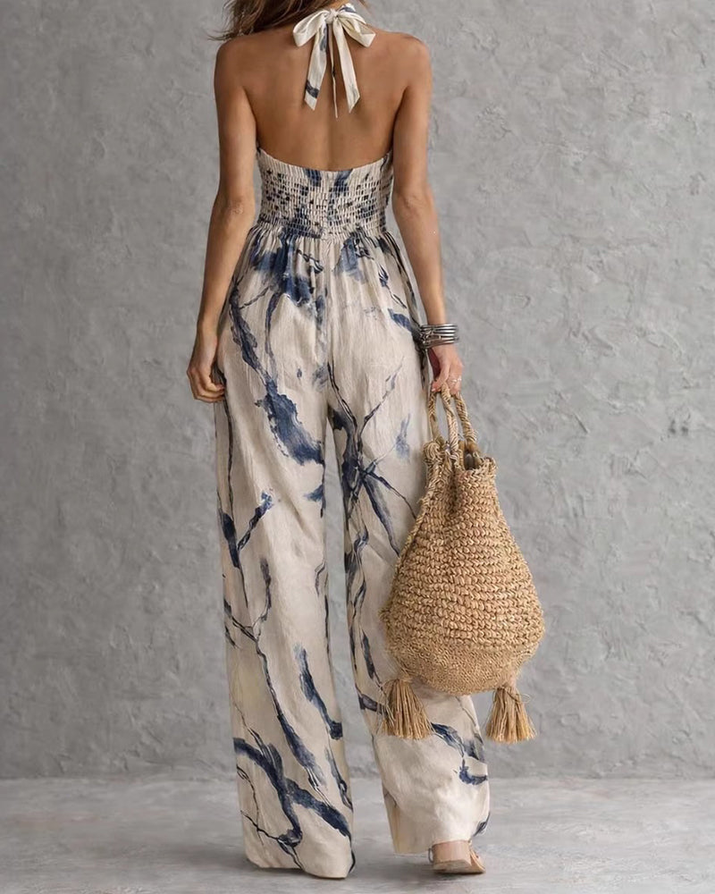 Mono mujer halter con estampado acuarela y pierna ancha