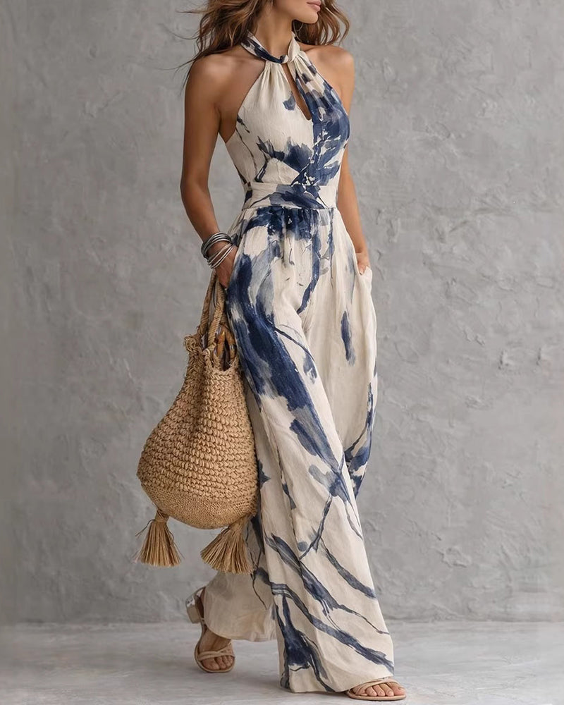 Mono mujer halter con estampado acuarela y pierna ancha
