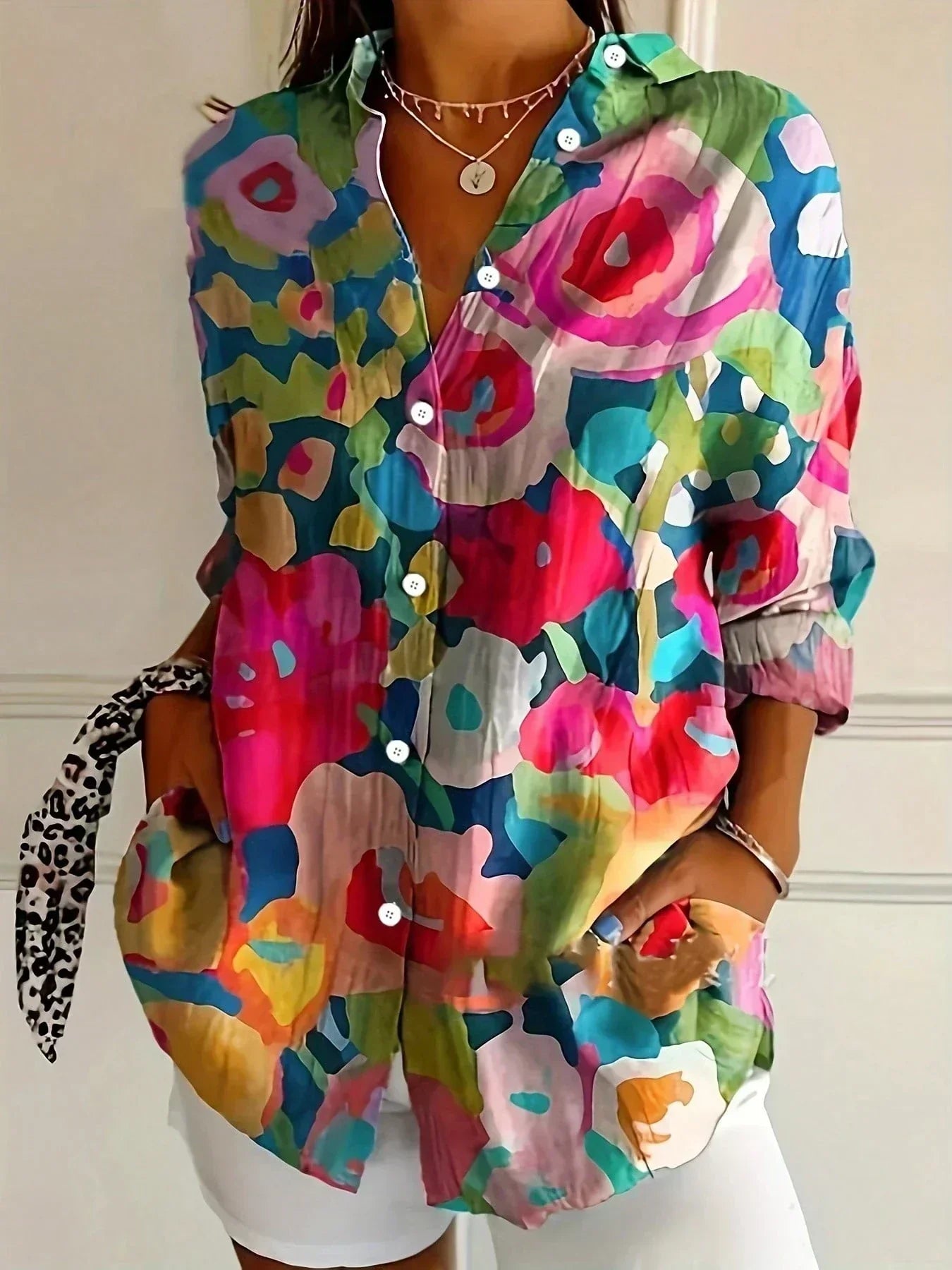 Blusa mujer estampada colorida manga larga – casual ligera verano