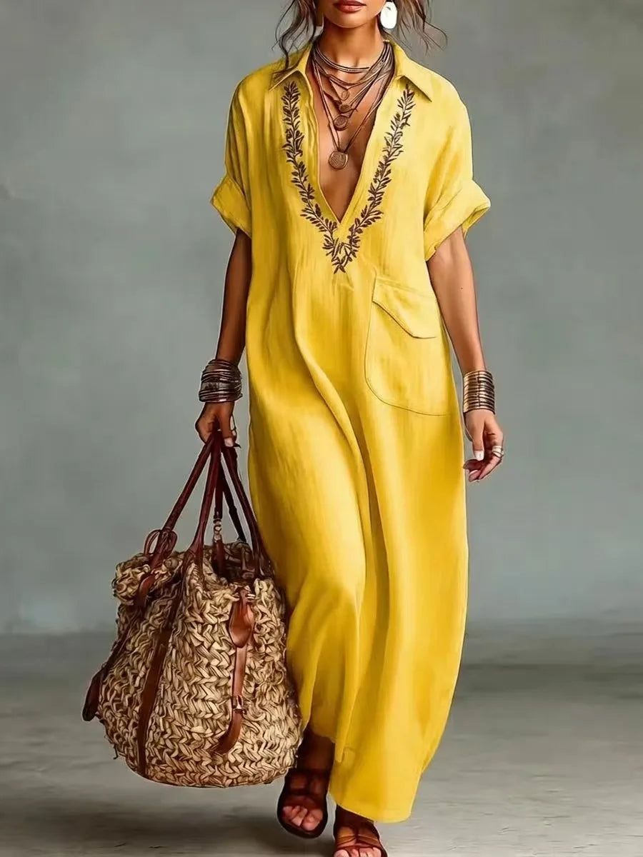 Vestido largo efecto lino bordado con bolsillos estilo boho